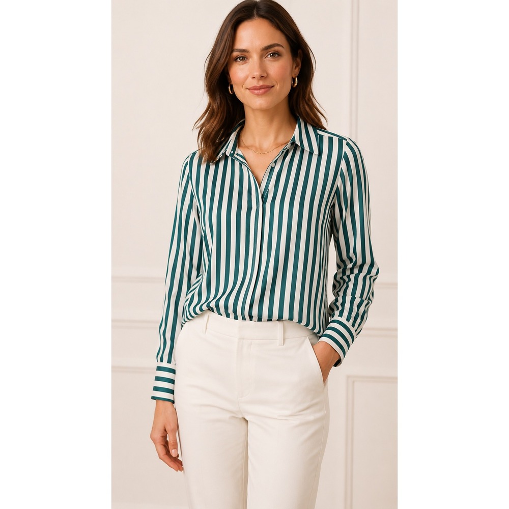 Ann Taylor  Small Teal Ivory Striped Satin Button Down Blouse Long Sleeve